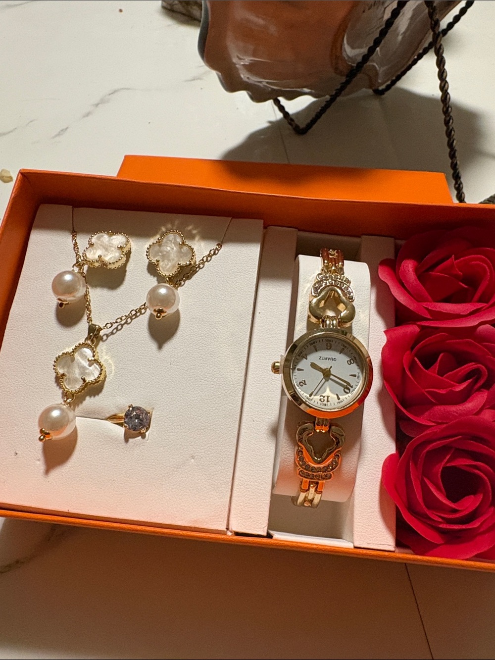 Gold-Tone Women's Watch and Pearl Necklace Set